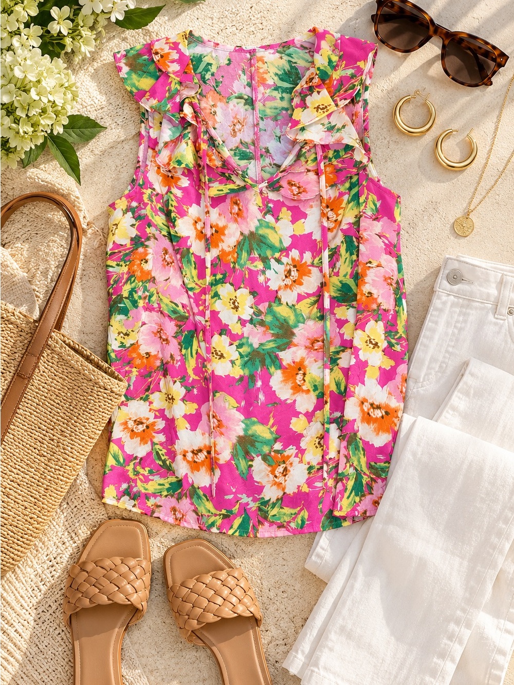 Emily Wonder Floral Ruffle Sleeveless Blouse M Pink Tropical Boho Summer Top